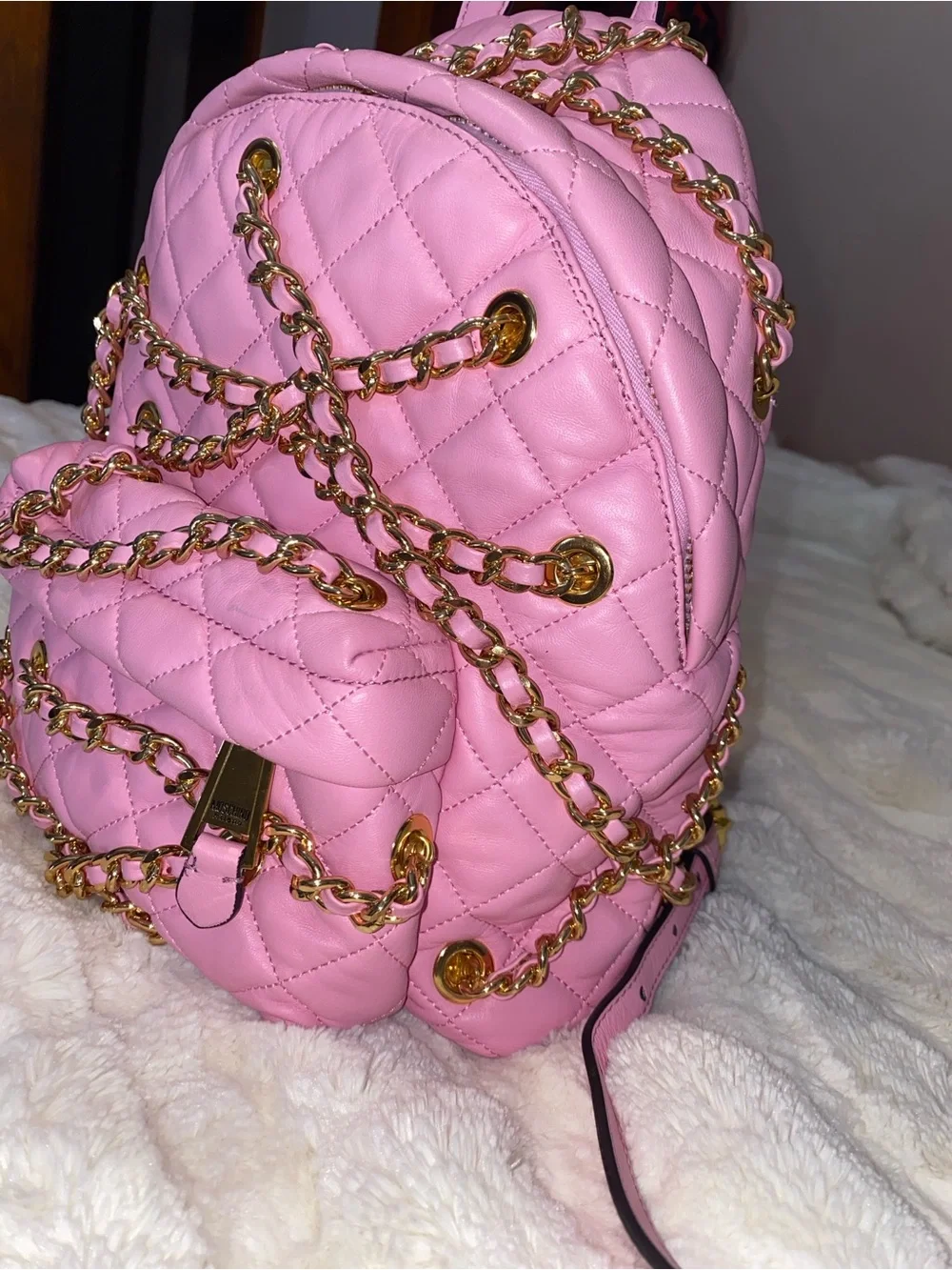 Moschino Pink Quilted Mini Backpack with Gold Chain Detail - Picture 4 of 5